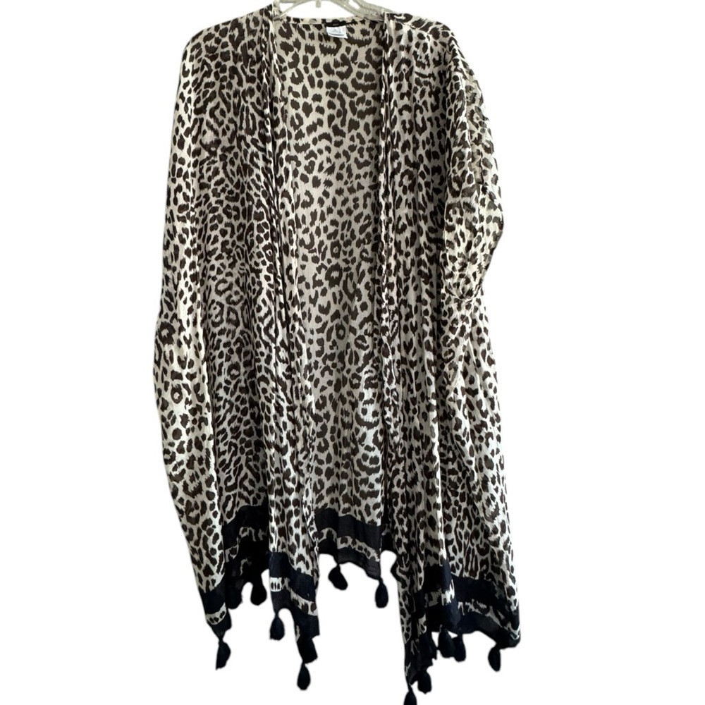 J. Crew Leopard Beach Swimsuit Coverup Size M/L  Tasseled Animal Print Blue Trim - Picture 2 of 7